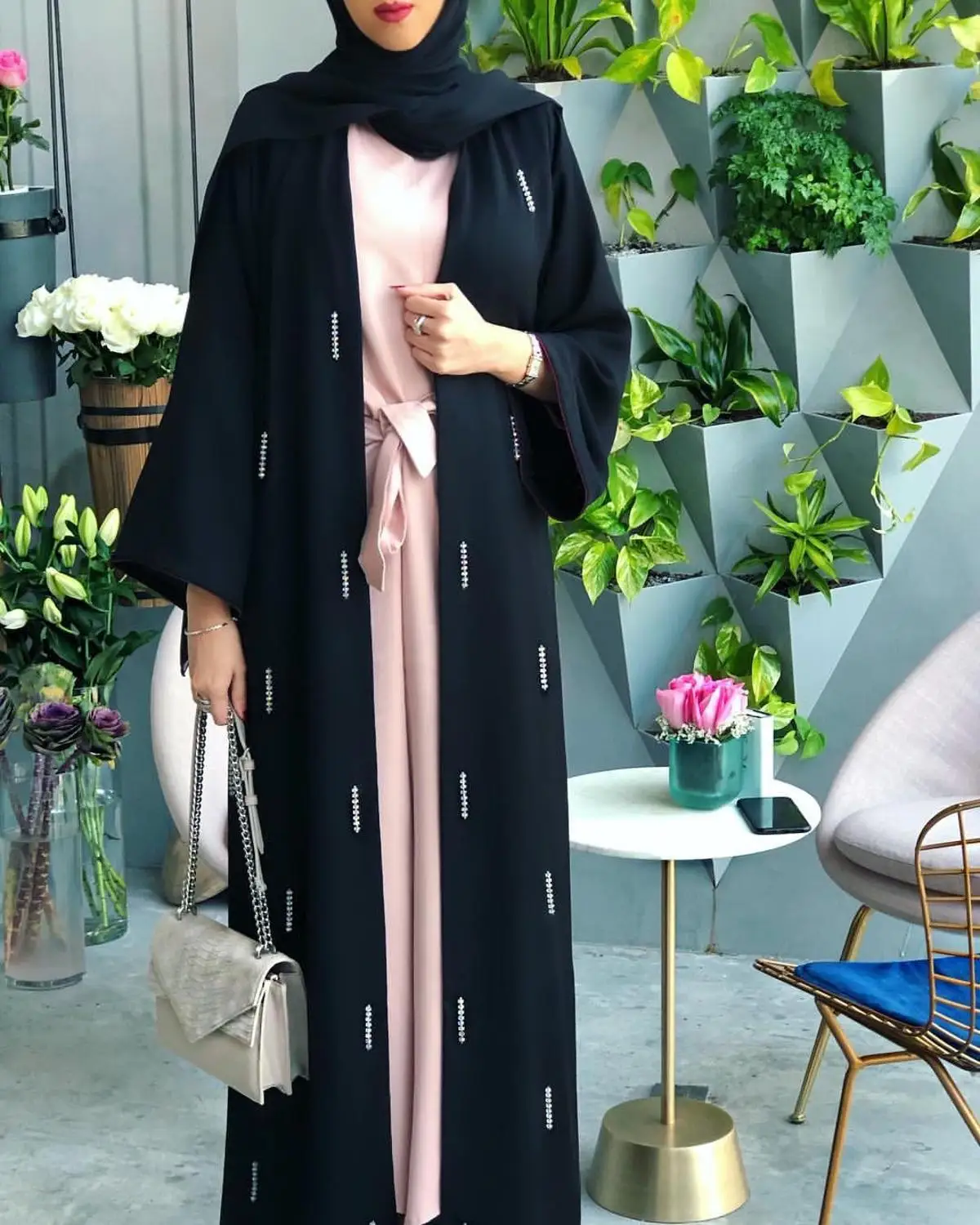 

Muslim Pearls Abaya Beading Cardigan Dress Nida Hijab Vestido Kimono Long Robe Gowns Tunic Jubah Ramadan Eid Arab Islamic Turkey