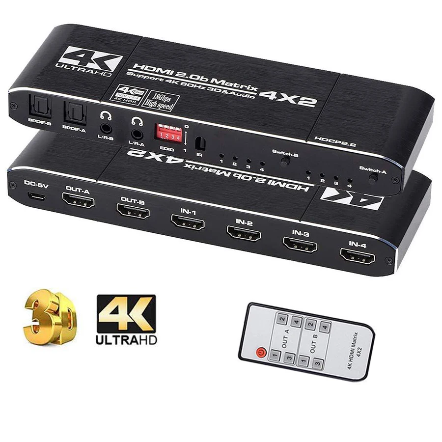 4K HDMI Switch 4x2 Switcher Splitter 4 In 2 Out 2.0b Matrix Box With EDID Extractor IR Support HDR HDCP 2.2 60Hz Remote Control