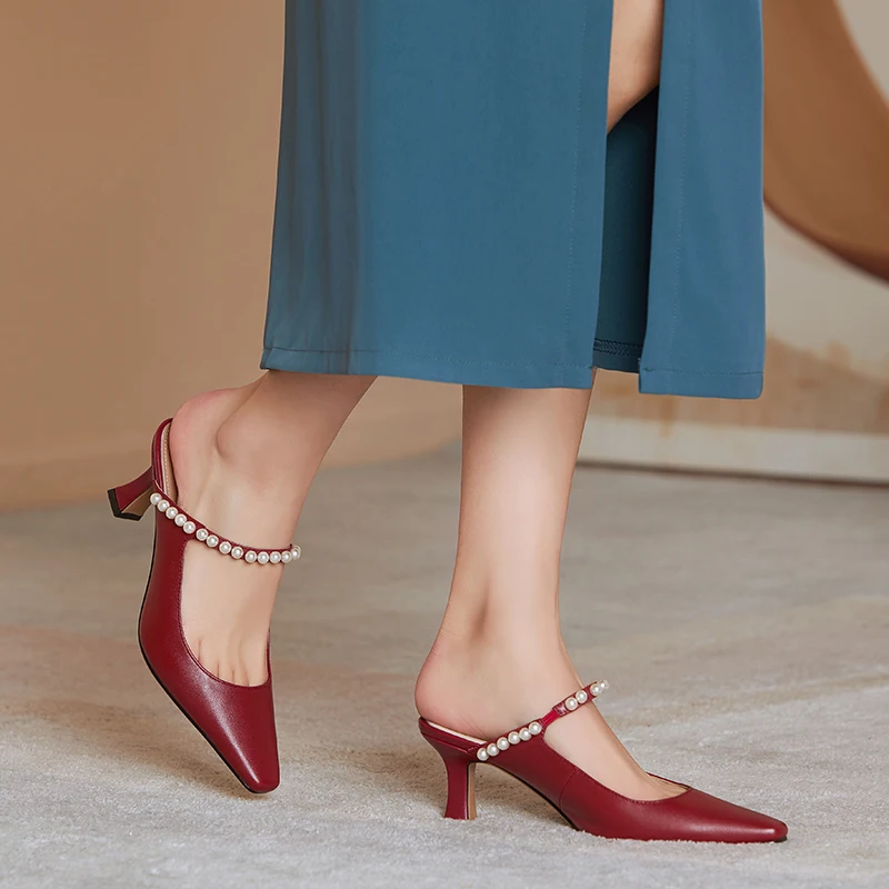 

Smeeroon Hot Sale Pumps Women Genuine Leather Shoes Pearl Slip On Summer Mules Shoes Square Toe High Heels Party Shoes Ladies