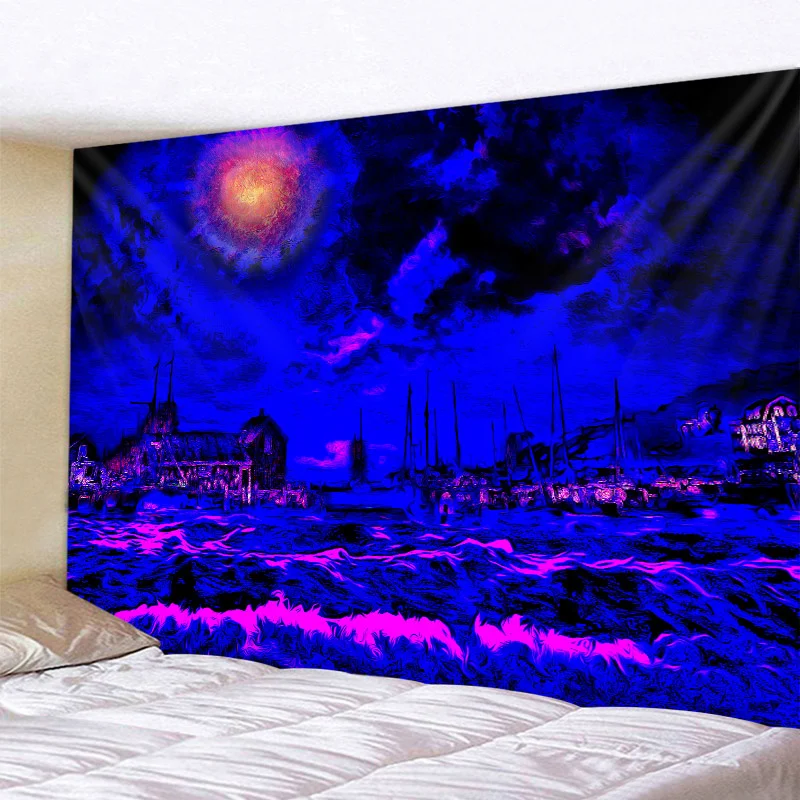

Psychedelic sea view tapestry, colorful starry sky, boat, shark, hippie, witchcraft, home decoration, Beach Yoga mat
