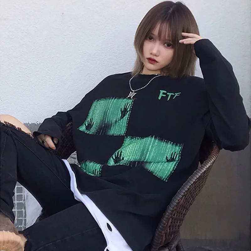 

KOSAHIKI Loose Streetwear Casual Harajuku Ins Retro Pullovers Fashion Print Vintage Hoody 2021 Spring O Neck Sweatshirt 11a246