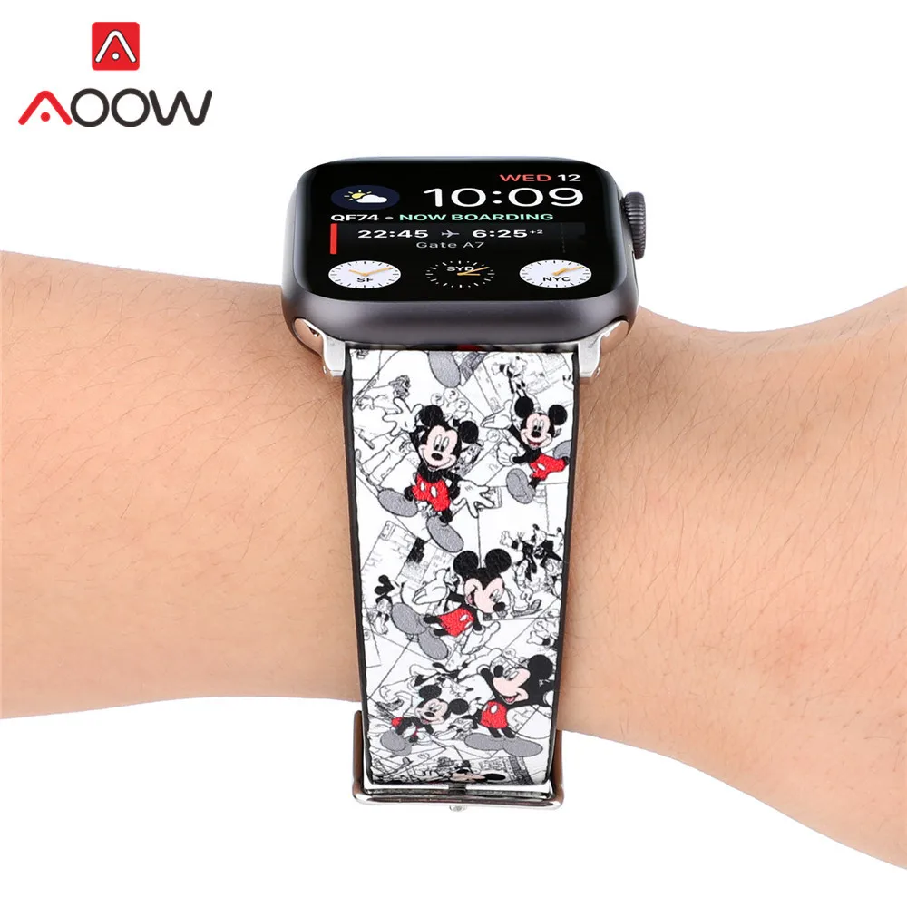 Ремешок для часов из натуральной кожи для Apple Watch 4, 40 мм, 44 мм, 38 мм, 42 мм, браслет с принтом Микки Мауса, ремешок для iwatch 1, 2, 3