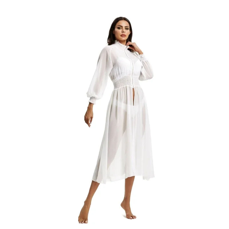 

Summer Chiffon Zipper High Neck Beach Bikini Coverup Long Sleeve Sunscreen Robe White Beach Women Cardigan Swimsuit Cover Up