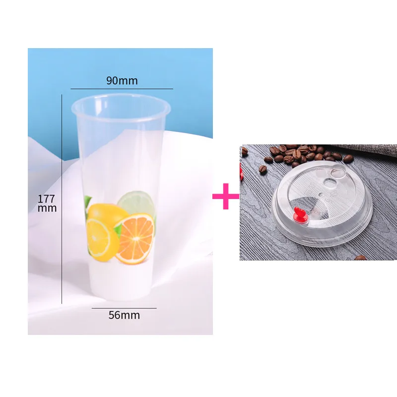 cup and lid 50 шт., 90 калибр, креативные пластиковые чашки для молока, чая, толстые, для инъекций, для напитков, сока, упаковки, вечерние, одноразовые чашки с крышкой - Цвет: cup and lid