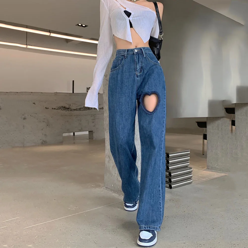 

Брюки женские джинсовые с высокой талией, шикарные ажурные Широкие штаны с оборками в виде сердечек, прямые брюки в уличном стиле