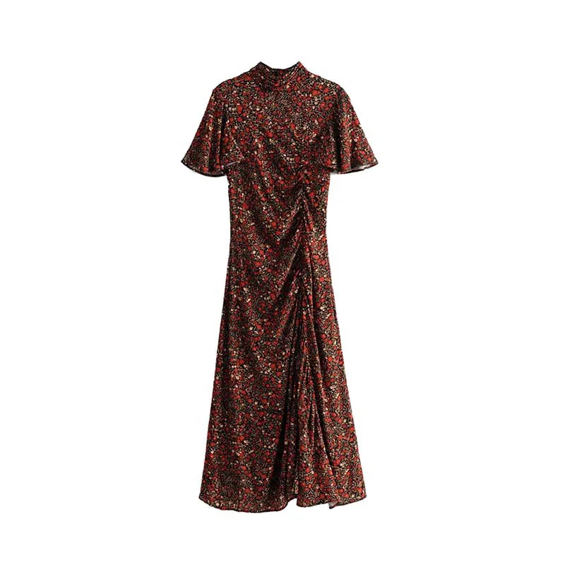 Винтаж элегантные Цветочный принт плиссированные Maxi Dress Vestidos Для женщин 2019 Мода с