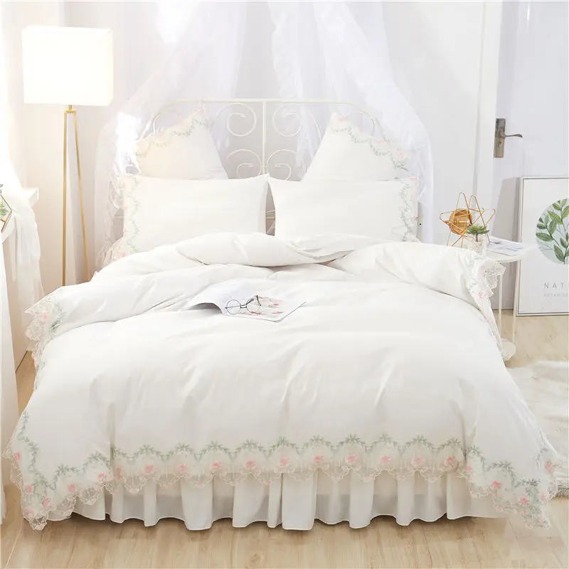 

White lace Bedding set girls women king queen twin size bed cover set korean 3/4pcs duvet cover bed skirt pillowcases bedclothes