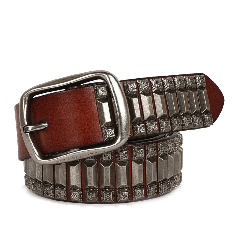 New Cowboy Motorcycle Jeans Heavy Metal Rivet Belts For Men Genuine Leather Belt Punk Rock Male Strap Ceinture Homme