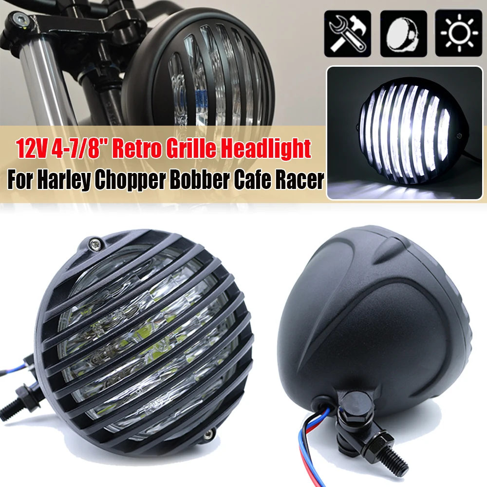 

4-7/8'' Motorcycle Round Grille Headlight Headlamp 12V 35W Fog Light For Harley Chopper Bobber Cafe Racer Touring Custom Bikes