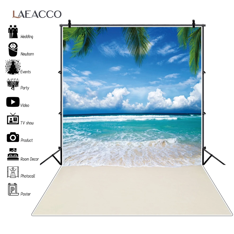 Laeacco Summer Tropical Blue Sky Clouds Sea Beach Sand Photography Backdrop Baby Shower Children Holiday Background Photo Studio seaside scenic photography backdrop palm trees blue sky seagull summer holiday beach themed wedding party photo booth background