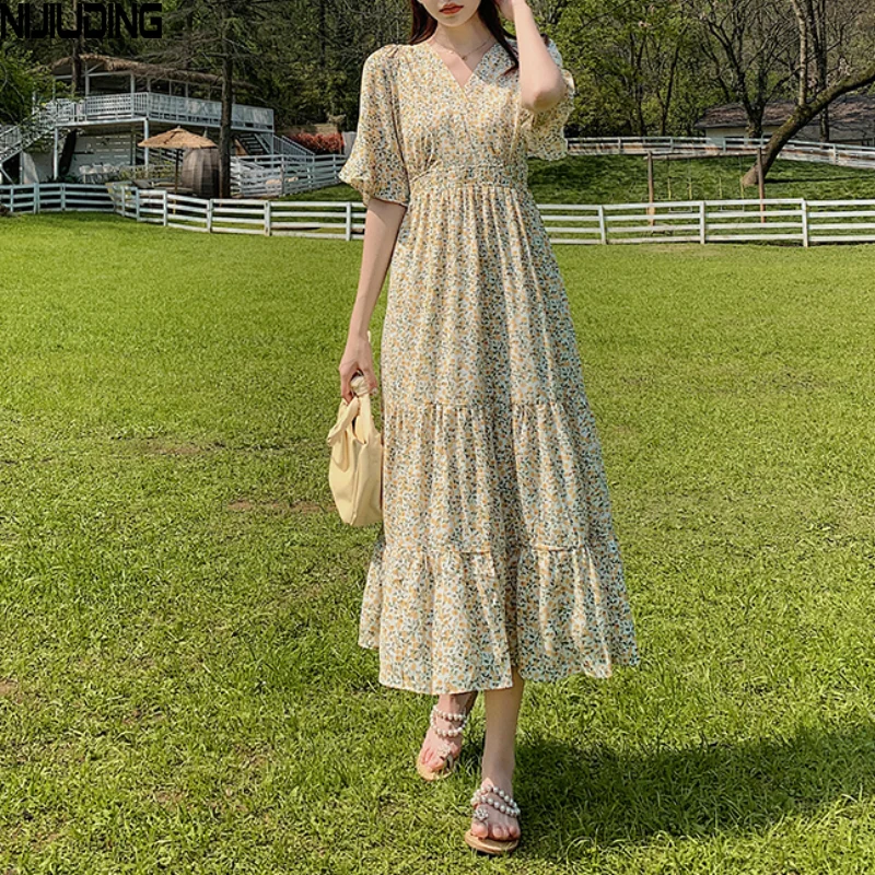 

Women Sweet Midi Chiffon Dresses Summer Short Sleeve Yellow Floral Print Dress Female Elastic Waist V-Neck Long Mujer Vestidos