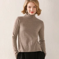 turtleneck curled 21 autumn winter new pure wool knitted pullover sweater womens solid color basic slim all match bottoming top