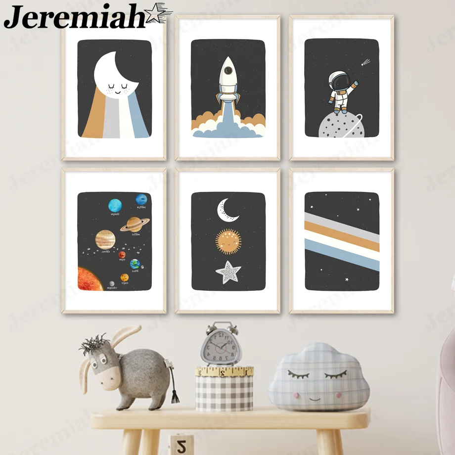 Мультяшный астронавт, холст, плакат, ракета, Вселенная, луна, холст, картина, настенное искусство, современная детская комната, украшение для...