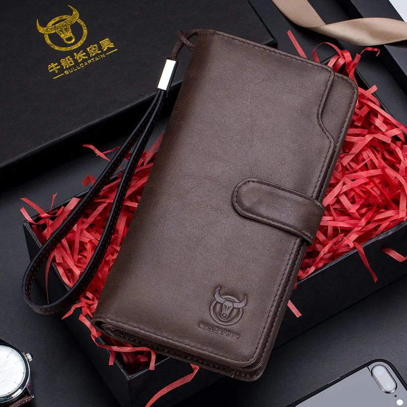 BULLCAPTAIN мужской кошелек клатч из натуральной кожи брендовый Rfid кошелек Мужской органайзер для сотового телефона клатч на запястье Длинный кошелек для монет - Цвет: Brown