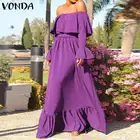 Женское платье VONDA 2021, летнее платье макси с открытыми плечами, повседневные однотонные плиссированные длинные платья с оборками, богемные платья Kleid