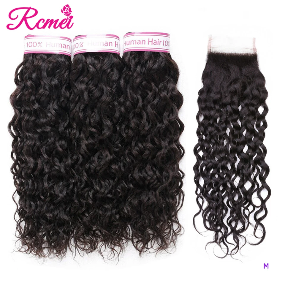 3 пряди волнистых волос с закрытием 4x4 бразильские волосы тесьмой Remy наращивание
