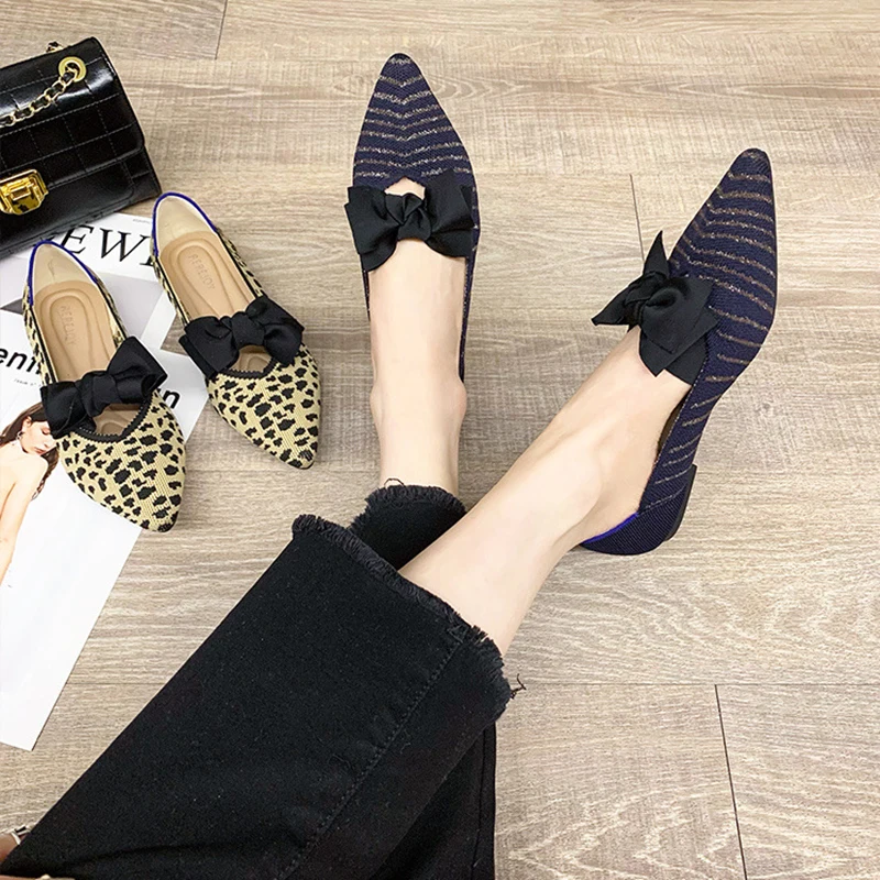 Female Shallow Knit Pointed Toe Shoes Women's Flat Shoes Ballet Single Shoes Casual Mixed Color Pregnant Shoes Zapatos De Mujer