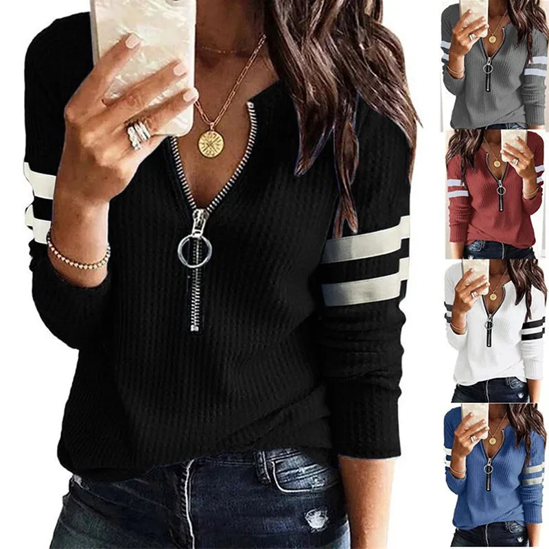 

2021 Autumn And Winter New Women's Tops Zipper V-neck Parallel Bars Stitching Long-sleeved T-shirts Casual Loose Hedging Clothes