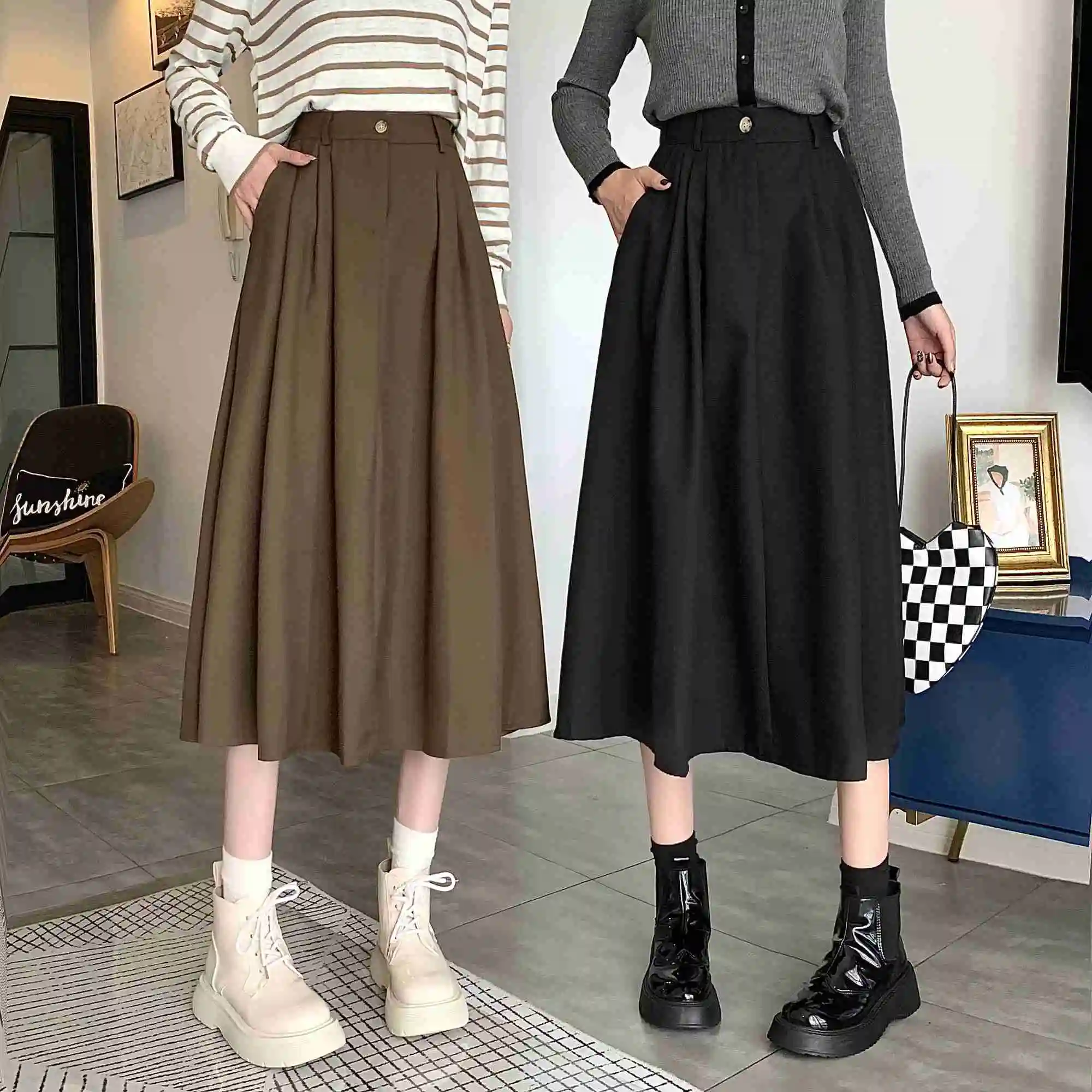 

Coffee color half skirt autumn winter female high waist thin hanging feeling a word big swing Khaki spring and autumn small