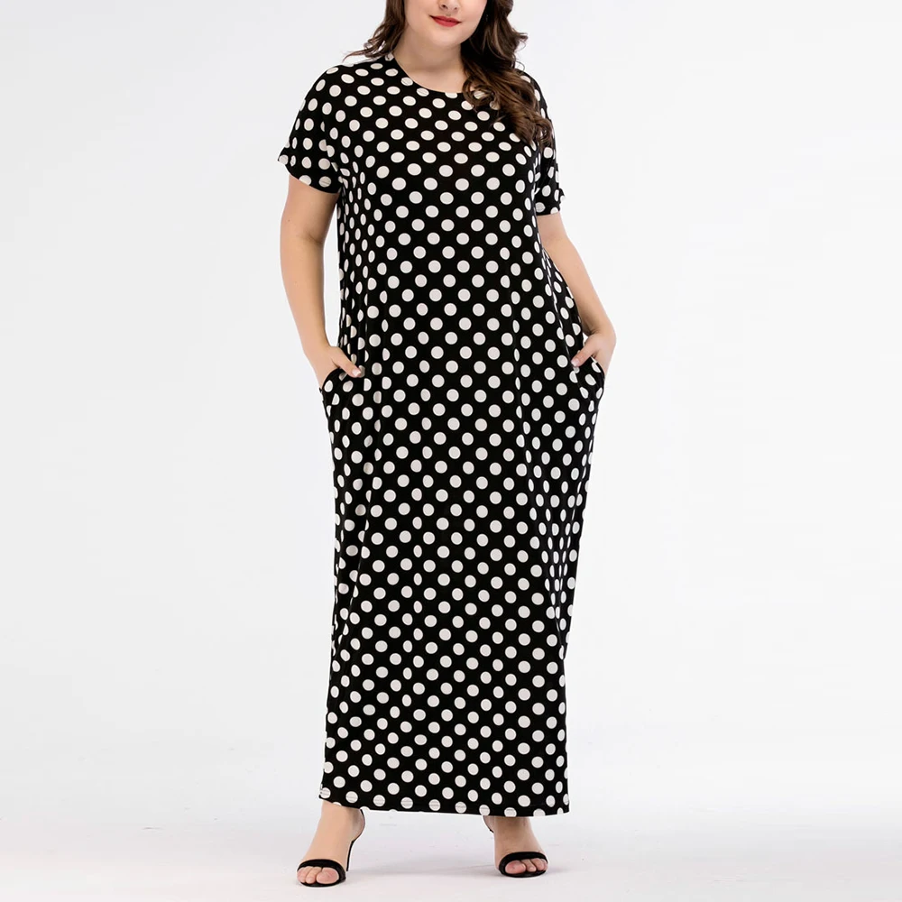 Женское длинное платье в горошек с круглым вырезом и коротким рукавом|women bodycon