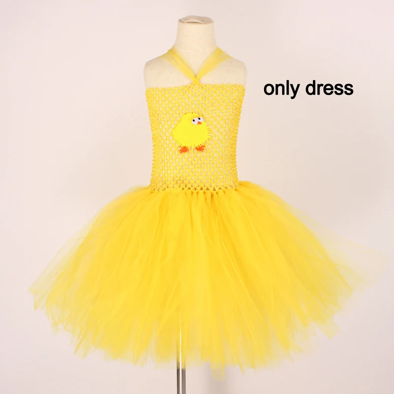 only dress Желтое платье-пачка с изображением цыпленка для девочек; детский праздничный костюм для хеллоуина с изображением животных; детское фатиновое платье с крыльями из перьев - Цвет: only dress
