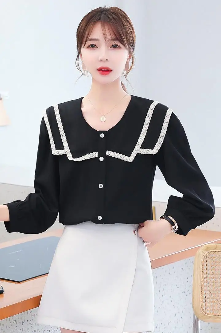 

COIGARSAM Full Shirt Womens tops New Spring Puff Sleeve Peter pan Collar Women shirts Black Yellow 8376