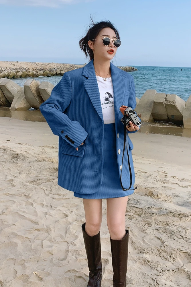 

Blazer and Skirt Set Women Fashion Korean Elegant Chic Loose Casual Suit Jacket Coat Mini Skirts Two Piece Outfits Spring Autumn