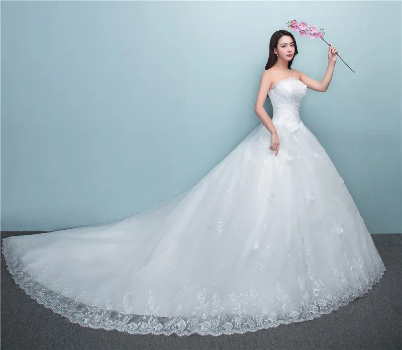 Vivian's Bridal без бретелек Кристалл цветок украшение женское свадебное платье Белый Королевский поезд обратно кружева Многоуровневое свадебное платье