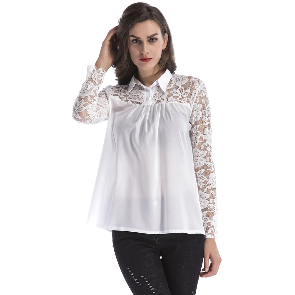 

Pop Women V Neck Lace Crochet Blouse Solid Color Patchwork Tops Shirts Pop 88