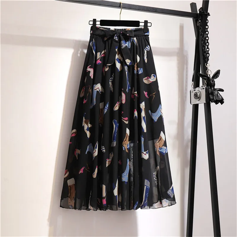 

Summer Bohemian Big Floral Printing Waist Bowknot Flared Chiffon Skirts Flower Printed Fairy Calf Pleated Skirt