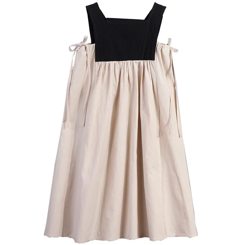 4 to 14 years kids &amp teens girls summer color block cotton casual flare midi dress sleeveless square collar vest | Детская одежда и