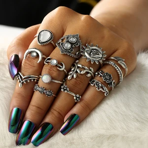 WANGAIYAO new fashion personality temperament fashion hollow carved water drop flower sun combination set ring 14-piece set fema