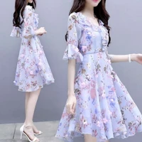 floral chiffon dress womens 2021 new summer korean mid length long waist waist slim flare sleeve skirt womens dress