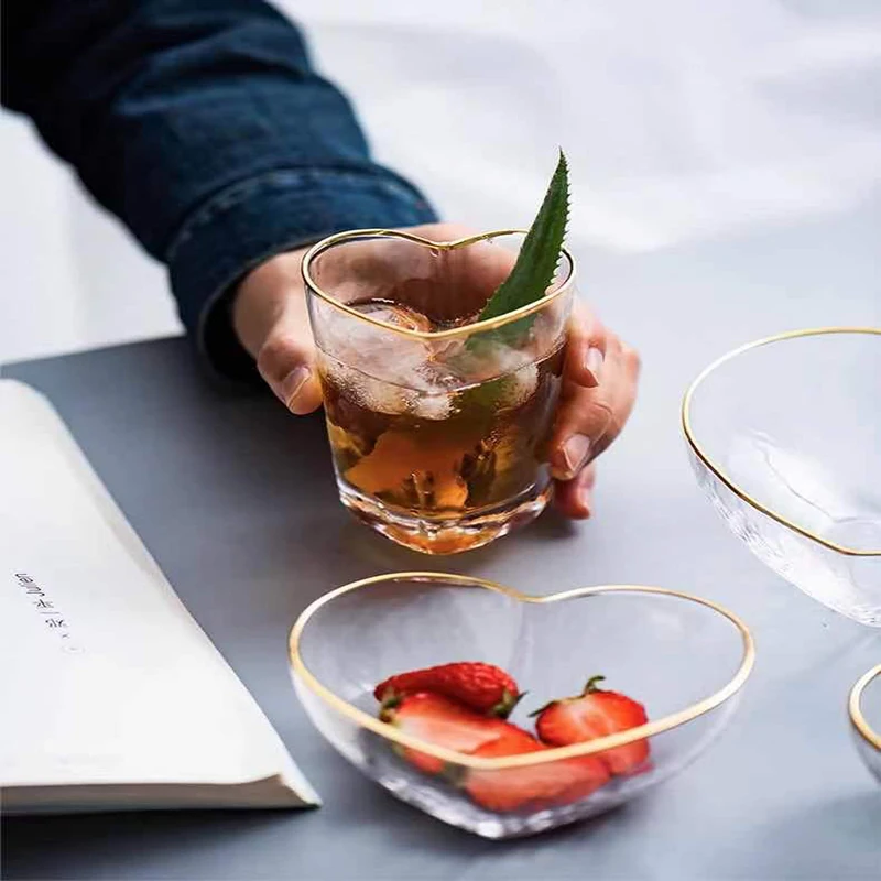 

Nordic Style Fruity Modelling Creative Heart-Shaped Gold Rim Glass Insulated Against The Hot Fruit Vegetable Salad Dessert Bowl