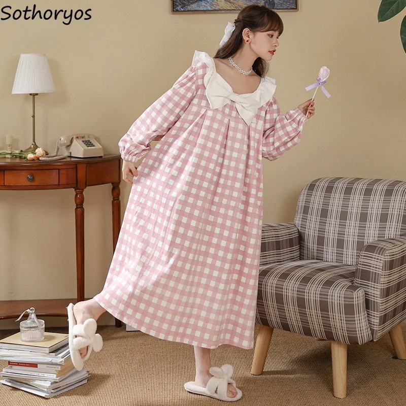 

Sweet Long Sleeve Nightgowns Women Plaid Bow Lovely Mid-calf Spring A-line Nightdress Soft Tender Square Collar Sleepwear Lounge