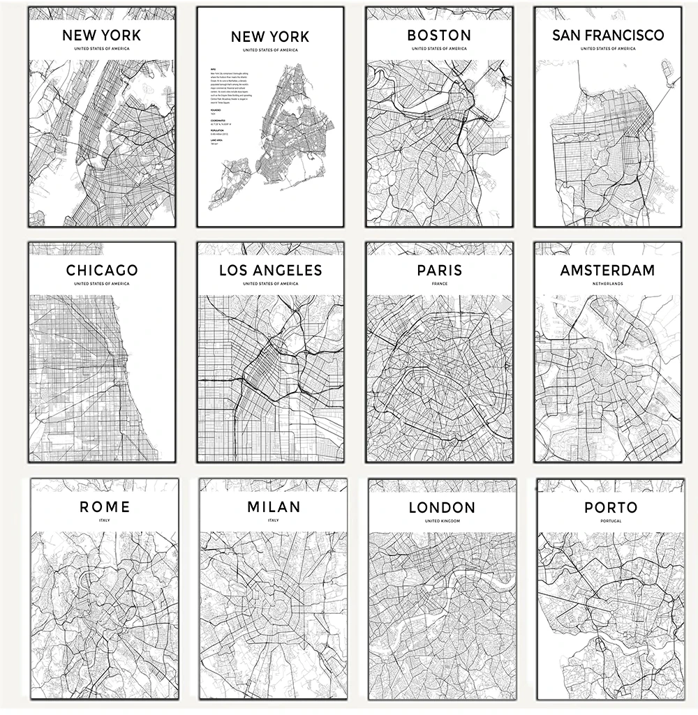 

Black and white city map of the world, London, New York, Paris, Milan, murals, Scandinavian modern living room canvas paintings