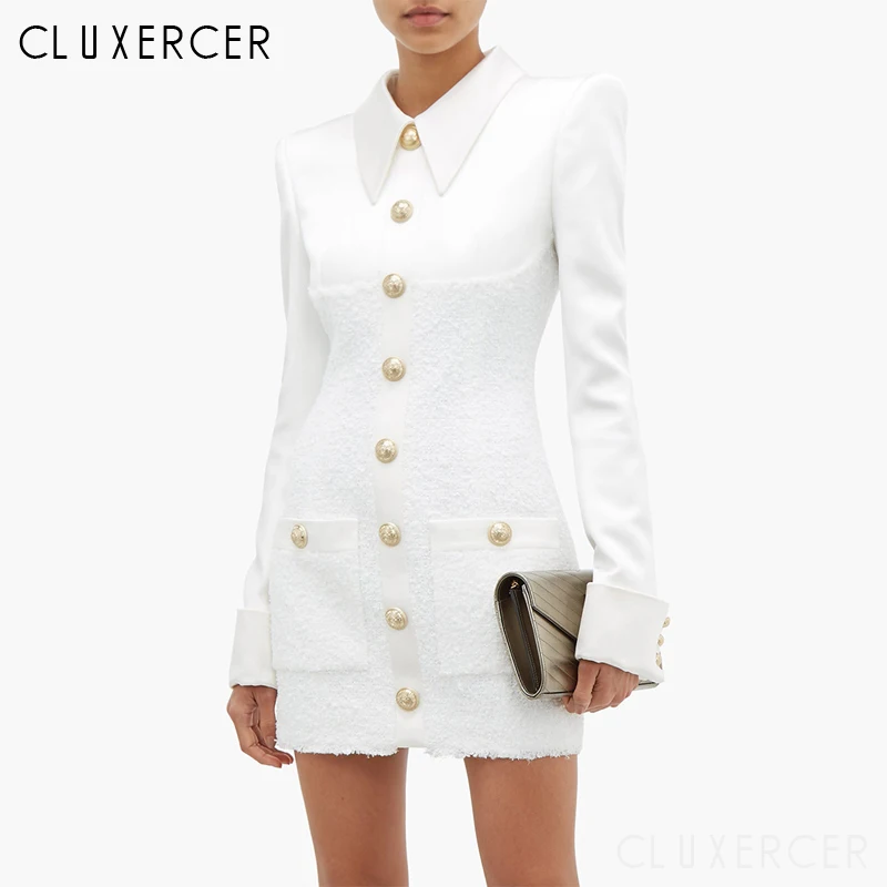 Белое мини платье с длинным рукавом женское осеннее однотонное рубашка отложным