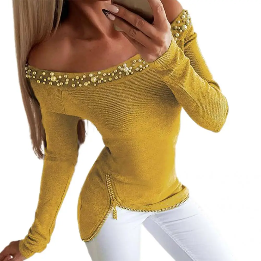 

Fashion Party Women Blouse Faux Pearl Off Shoulder Zipper Solid Color Skin-Touch Blouse Sexy Elegant Top