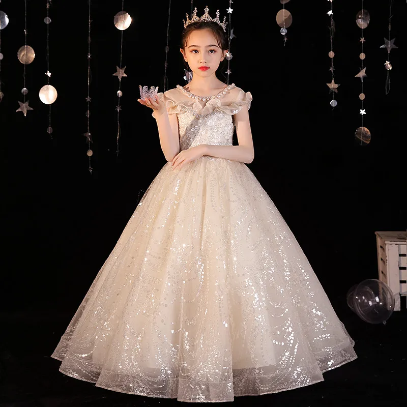 

Children Girls Luxury Embroidery Sequined Design Champagne Color Birthday Wedding Party Princess Dress Kids Teens Piano Dress