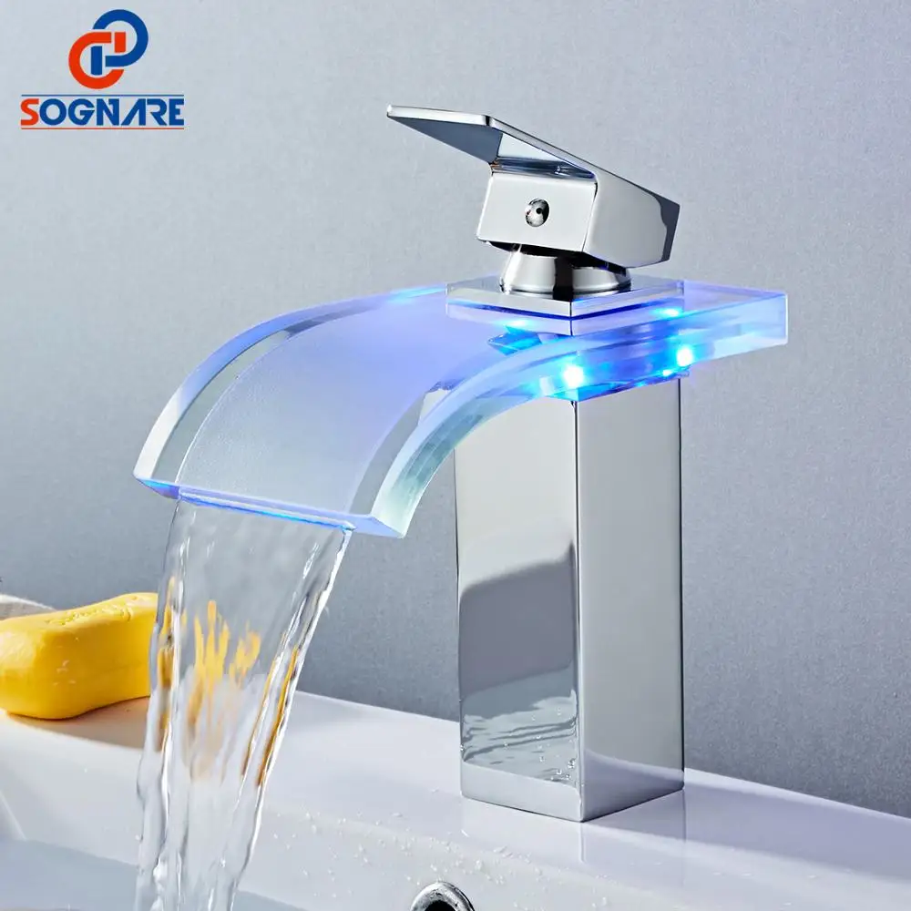 

SOGANRE LED Basin Faucet Brass Waterfall Temperature Colors Change Bathroom Mixer Tap Hot Cold Deck Mounted Wash Sink Glass Taps