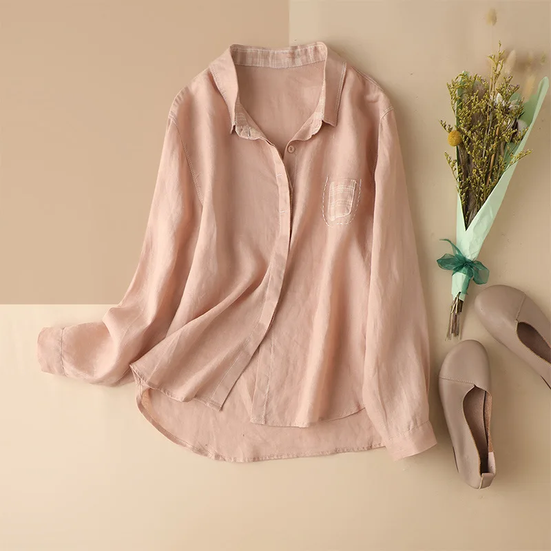 

Shuchan Long Sleeve Shirt Women 100% LINEN Turn-down Collar Casual Broadcloth Free Shipping Items Clothes for Women