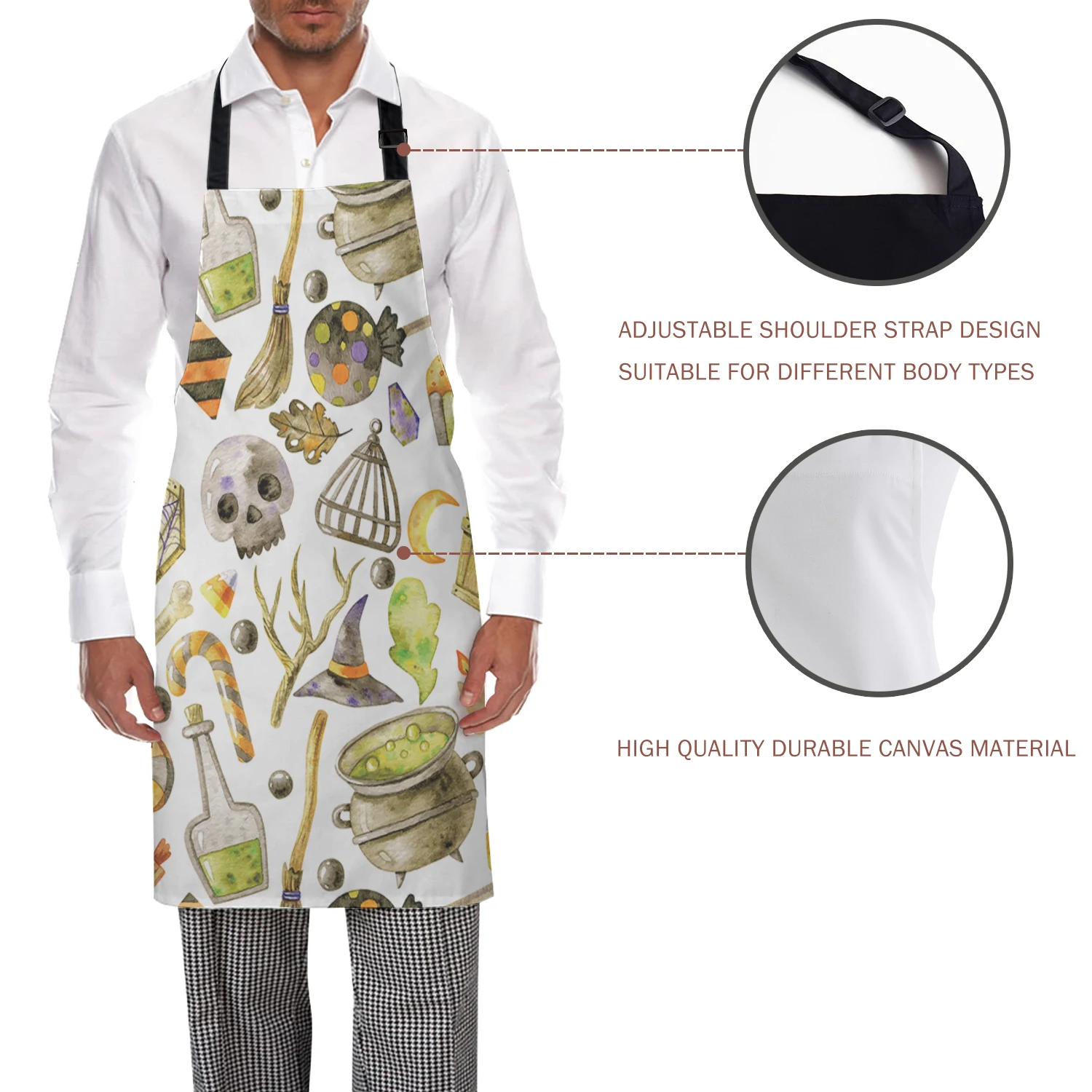 Halloween Theme Witch Hat Broomstick Skull Decorations Pattern Kitchen Apron Women Adult Female Home Cooking Baking Cleaning Aprons Bibs Tools |