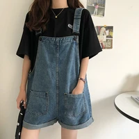 summer korean preppy style jumpsuit denim overalls casual girls vintage roll up wide leg jeans shorts womens