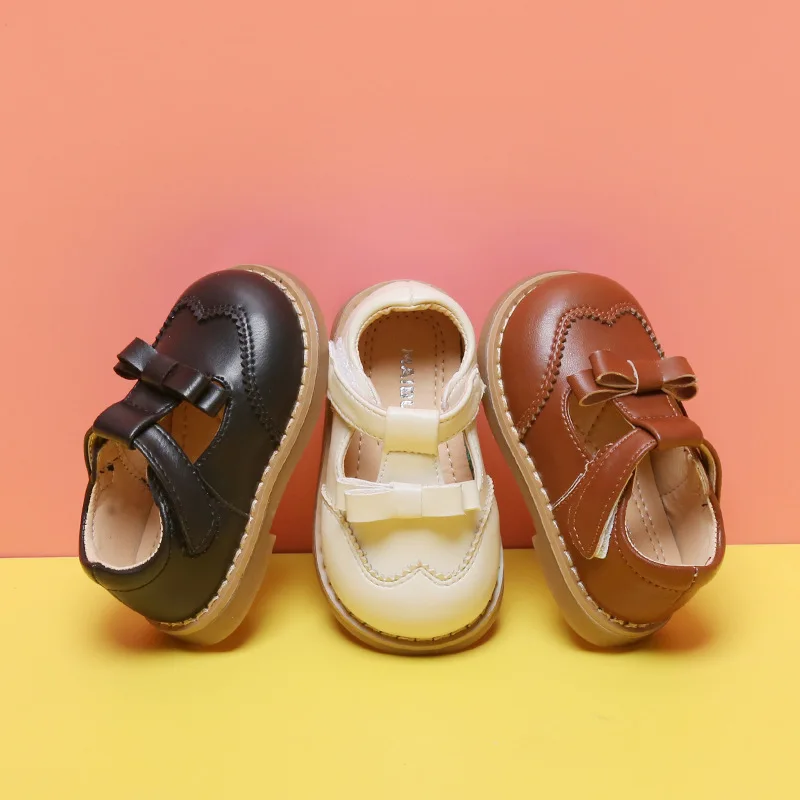 

Детская кожаная обувь для девочек, осенняя однотонная обувь на мягкой подошве, с бантом-бабочкой