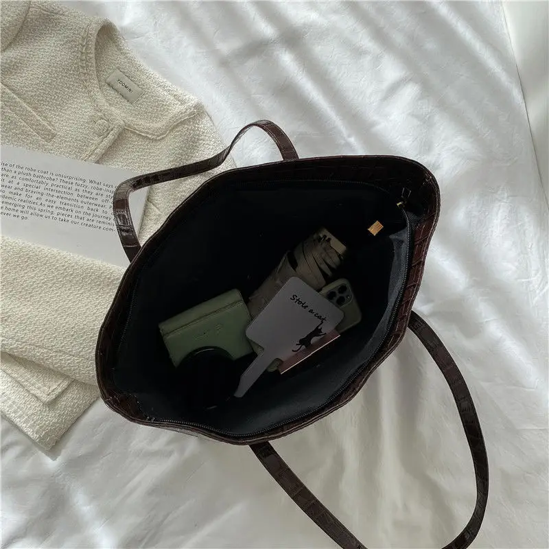 retro crocodile print large tote bag for women with zipper green black ladies leather shoulder bag big office handbags shopper free global shipping