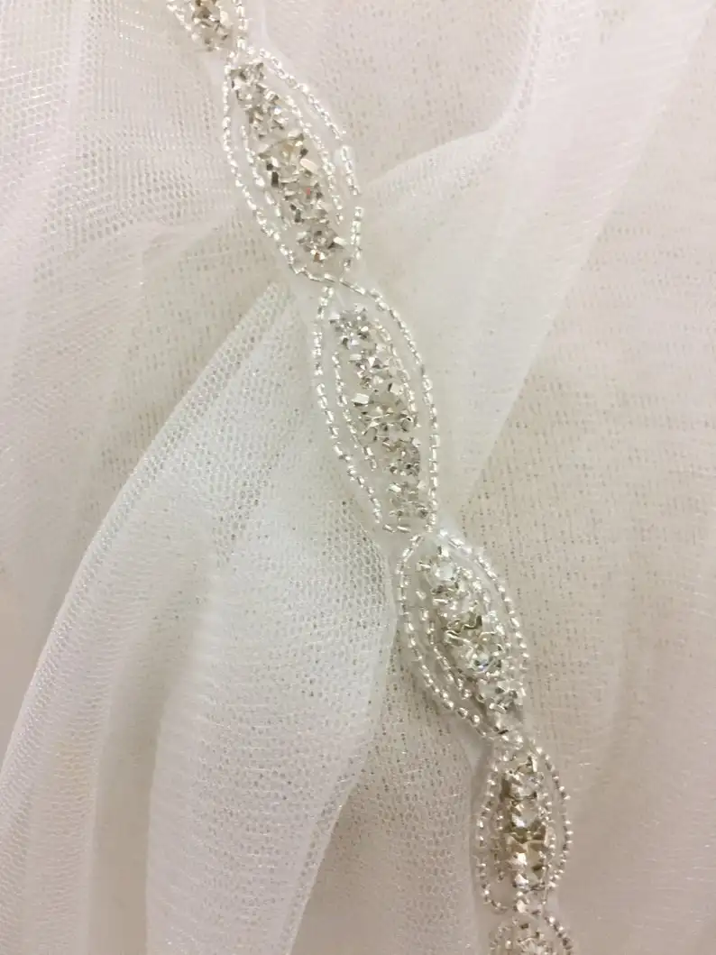 

1 Yard Slim rhinestone crystal beaded lace trim for wedding belt, bridal sash, dress straps ,bridesmaids lace 0.8cm wide