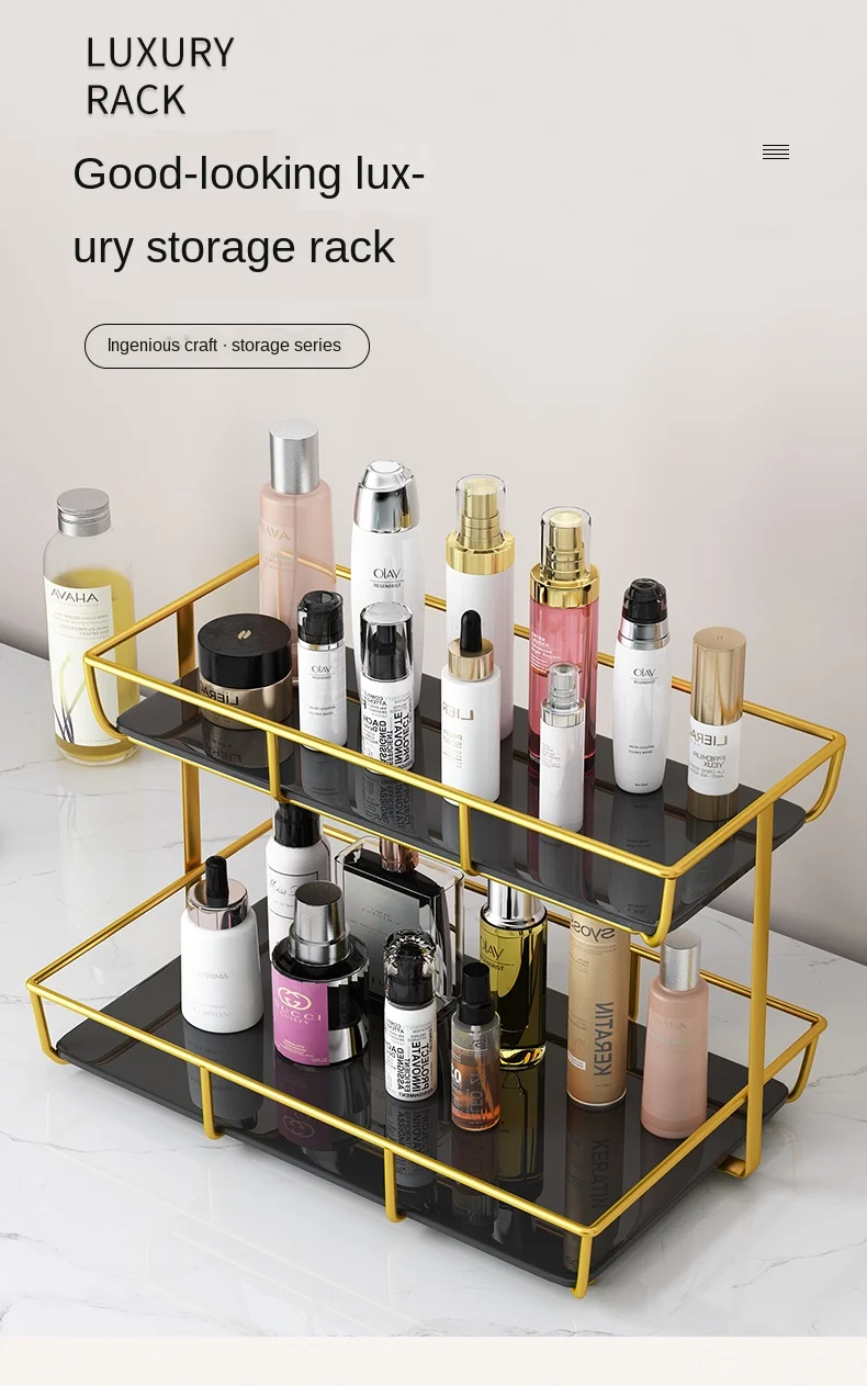 

Double-layer metal kitchen shelf high-profile desktop cosmetics storage rack light luxury texture bathroom organizer