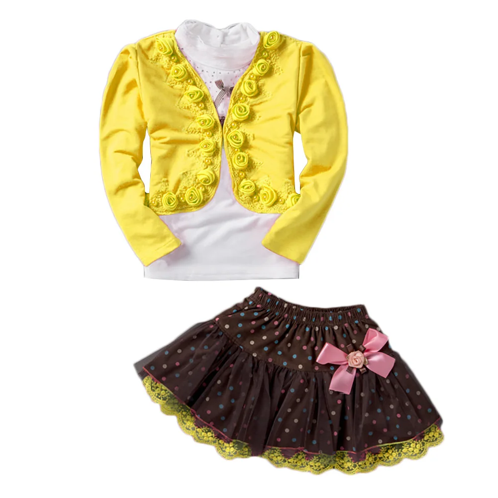 

Модная весенне-Осенняя детская одежда, костюм, платье для девочки, повседневные кружевные комплекты из трех предметов с цветами для принцес...