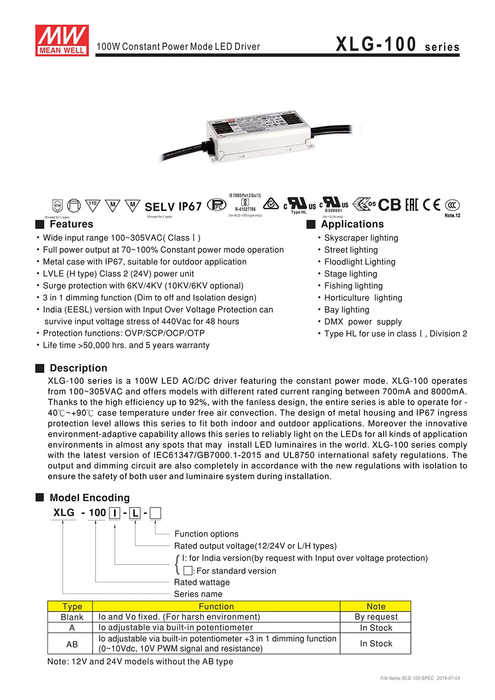 Бренд MEAN WELL представляет XLG-100-H-A 100 Вт 27-56в 2100mA постоянного Мощность режим светодиодный драйвер светодиодный Питание регулируемый