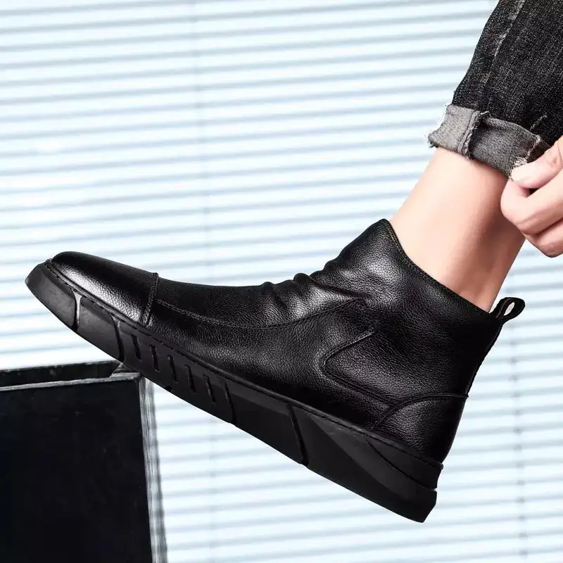 

Men Ankle Boots PU Leather Basic Short Plush Winter Warm Men Casual Shoes Zipper Solid Color Round Toe Flat Big Size Mens Shoes